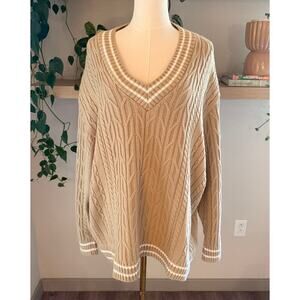 ASOS Cable Knit Oversized V-Neck Sweater Beige Large Preppy Chic Grandmacore